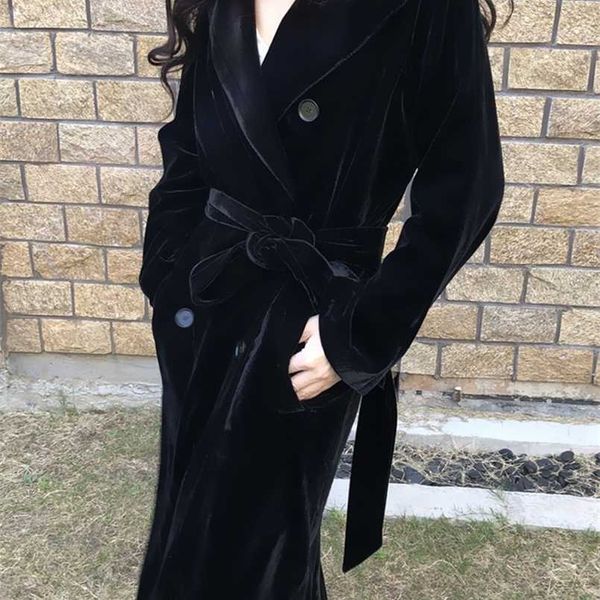 Lautaro hiver long noir faux vison cisaillé trench-coat de fourrure pour femmes ceinture à manches longues double boutonnage style britannique mode 211110