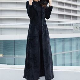 Lautaro hiver Long noir doux chaud fausse fourrure manteau femmes avec capuche à manches longues Slim Fit Maxi moelleux mode coréenne 211110
