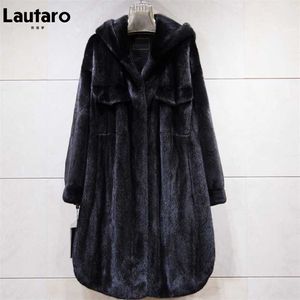 Lautaro Winter Long Zwart Dikke Warme Faux Mink Bontjas Vrouwen met Hood Lange Mouw Koreaanse Mode Fluffy Jacket One Size 211018