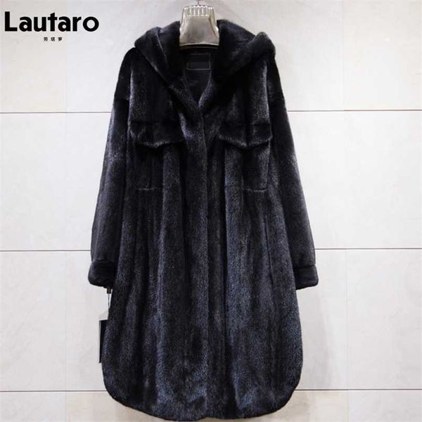 Lautaro invierno largo negro grueso cálido faux visón abrigo de piel mujeres con capucha manga larga moda coreana chaqueta mullida un tamaño 211124