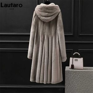 Lautaro Winter Lange Pluizig Warm Dikke Skirted Faux Mink Bontjas Vrouwen met Hood Elegante Luxe Maxi Furry Overjas Fashion 2111007