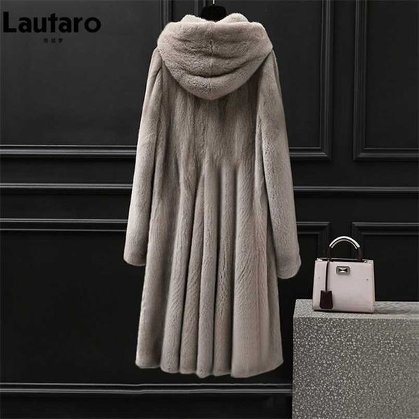 Lautaro invierno largo mullido cálido grueso falda Faux Mink Fur abrigo mujer con capucha elegante lujo Maxi abrigo peludo moda 211007