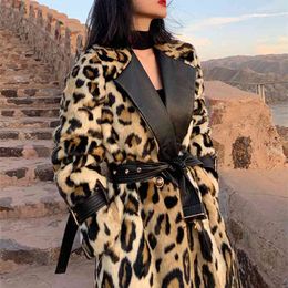 Lautaro Winter Long Leopard Print Warm Fluffy Faux Bont Trench Coat voor Dames Lange Mouw Double Breasted European Fashion 210910