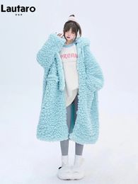 LAUTARO Winter Lange Oversized Casual Dikke Warmblauw Dikke Dikke Warm Fuzzy Fluffy Faux Fur Coat Vrouwen met Hood Zipper Fashion 240110