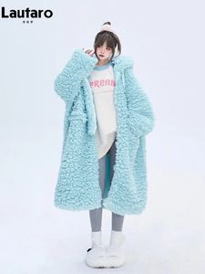 Lautaro Winter Lange Oversized Casual Dikke Warme Blauwe Dikke Warme Fuzzy Fluffy Nepbontjas Dames met Kap Rits Mode 240112