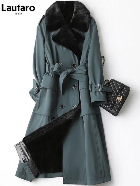 Lautaro hiver Long chaud épais parc avec fausse fourrure à l'intérieur des poches de ceinture Double boutonnage luxe doublé de fourrure Trench Coat pour les femmes 231226