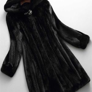 Lautaro Winter Luxury Long Black Faux Mink Fur Coat Mujeres con capucha Manga larga Elegante Grueso Cálido Fluffy Furry Jacket 6XL 7XL 211018