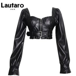 LAUTARO Y2K Zwart Faux Leather Crop Top Vrouwen vierkante nek lange mouw zipper bijgesneden jas plus maat sexy backless mode 210916