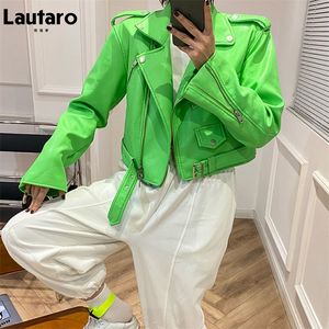 Lautaro Y2k Court Vert Gecko Biker Veste En Cuir À Manches Longues Zipper Ceinture Coloré Élégant Survêtement pour Femmes Mode 220811