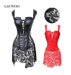 Lauwoo Sexy Burlesque Lingerie Gothic Faux Leather Leer Steampunk Corset Zwart kant Shaperwear Bustier overbust Korsett Plus Size9465852