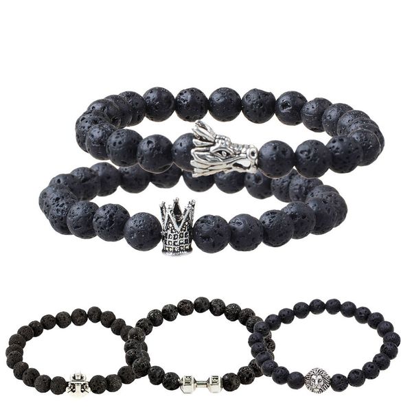 Perles de pierre de lave Antique argent couronne Dragon ancre haltère Lion tortue chien élastique hommes perlé Bracelet bijoux de mode