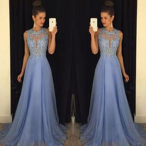 Lavendel 2016 Prom Dresses Kant Applique Kralen 2017 Formele Lange Bruidsmeisje Jurken A Line Crew Neck Zip Back Chiffon Feestjurken