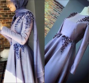 Lavendel 3D bloemen parels Saudi Dubai prom jurken thee lengte 2019 hoge juweel lange mouw speciale gelegenheid jurk vrouwen avondjurken feest