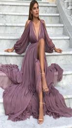 Lavendel A Line Beach Prom Dresses V Neck Tule High Split Evening Jurken Plus Size Formal Party Dress Bridesmeisje Wear Rabes de Soi8760987
