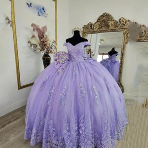 Lavendel baljurk luxe quinceanera jurken zoet 16 formeel off the schouder kanten appliques verjaardag prinses feestjurken