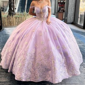 Robe De bal lavande Quinceanera, avec des Appliques en dentelle et perles, en tulle, épaules dénudées, douce 15 à 16 ans, 2024