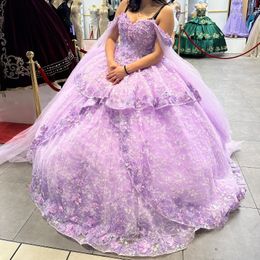 Lavendel Baljurk Quinceanera Jurk Uit De Schouder 3D Bloemen Applicaties Kant Kralen Met Cape Corset Vestidos Para XV Anos