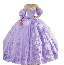 Lavendel baljurk Quinceanera jurken kanten appliques kralen met de hand gemaakte 3d bloemen lieverd 16 jurk voor 15 jaar prom feestje optocht jurken