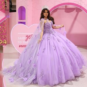 Lavendel baljurk Quinceanera -jurken Vestidos de 15 anos feest 3D -bloem met Cape Assepoester 16 verjaardagsprinsesjurken