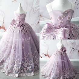 Lavendel Kralen Baljurk Meisjes Pageant Jurken Spaghetti Straps Prinses Bloem Meisje Jurk Geappliceerd First Communion Jurk