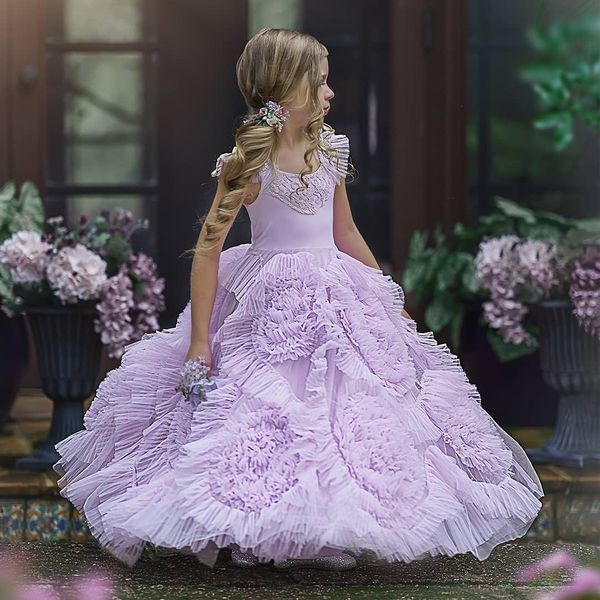 Vestidos de niña de flores bohemias con cuentas de lavanda para boda en la playa Vestidos de desfile para niños pequeños con volantes Vestido de primera comunión hasta el suelo de tul 326 326