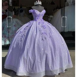 Lavendel bling pailletten kant zoet 16 quinceanera jurken van de schouder 3d bloemen applique kralen corset vestidos de 15 anos masquerade xv jurk bc14063
