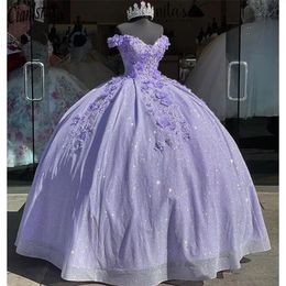 Lavendel bling pailletten kant zoet 16 quinceanera jurken van de schouder 3D bloemen applique kralen corset jurk vestidos de 15 anos maskerade xv jurk bc14063