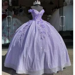 Lavender bling lente de lentejuelas dulces 16 quinceanera se viste de los hombros 3D apliques beads corsé vestidos de 15 ana mascarada vestida