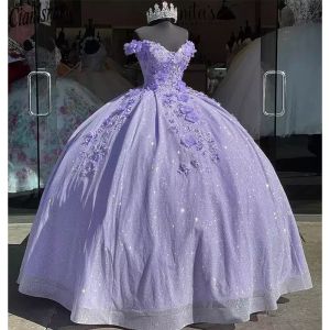 Lavendel bling pailletten kant zoet 16 quinceanera jurken 2023 van de schouder 3d bloemen applique kralen corset jurk vestidos de 15 anos maskerade xv jurk