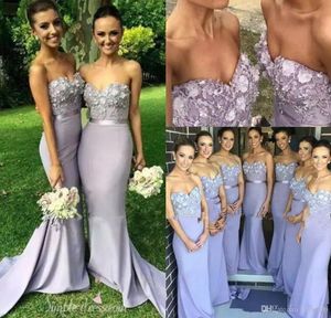 Lavendel Bruidsmeisjes Jurken Sweetheart Hals Floral Applicaties Mermaid Prom Gowns Sweep Train Lange Avondjurk met Sash Goedkoop