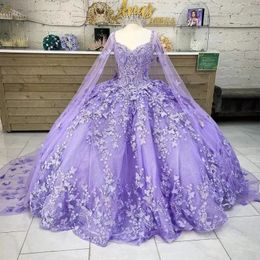 Lavendel Vlinder Quinceanera Jurken Met Cape Kant Applique Kralen Sweet 16 Jurk Mexicaanse Prom Jassen 2024 Vestidos De XV Anos