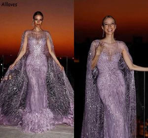 Lavendel Dazzling lovertjes Lace Mermaid Prom -jurken met wrap pure nek