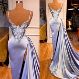 Lavendel avondjurk kralen kraag spaghetti spleet feest prom jurken vegen trein formele lange jurk voor speciale ocn