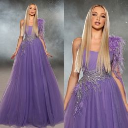 Lavande plume robes de bal une épaule Tulle perlé une ligne violet robes de soirée balayage Train robes de fiesta