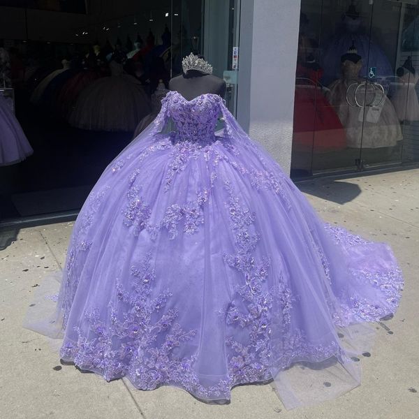 Lavande Floral Quinceanera Robes Appliques Cristal 3DFlower Robe De Bal Perles Avec Cape Corset Pour Sweet 15 Girls Party
