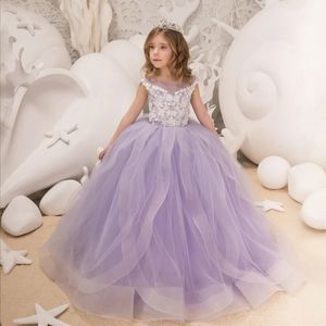 Robes de fille de fleur de lavande col transparent à plusieurs niveaux en tulle organza princesse reine robe de communion appliquée en dentelle mignon petits enfants robes de mariée de fête de premier anniversaire F018