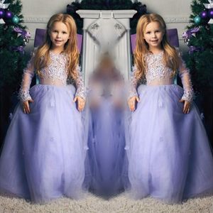 Vestidos de desfile para niñas de lavanda Apliques de encaje Mangas largas Vestidos de niña de flores para boda Vestido de fiesta de cumpleaños de bebé hasta el suelo de tul