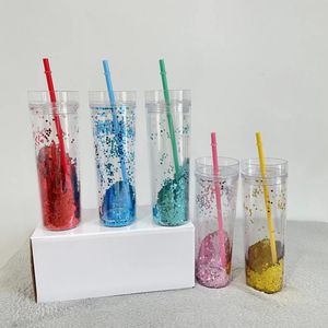 Lavande paillettes narlescentes 16oz en plastique acrylique Isulaté voyage double couche transparent boisson froide tasse disponible avec couvercles et paille