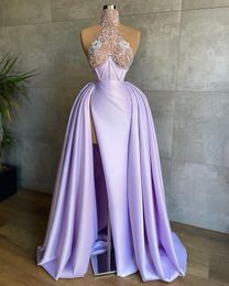 Robe De soirée De forme lavande, cristaux hauts, col transparent, sans manches, fendue, longueur au sol, Robe De soirée formelle pour femmes