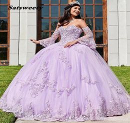 Robe de bal perlée en dentelle lavande robes de Quinceanera col en coeur Tulle appliqué robes de bal avec enveloppement balayage train Sweety 156622828