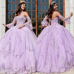 Lavendel kanten kralen baljurk quinceanera jurken lieverd nek tule appliqued prom jurken met wrap sweep trein lovertjes zoet 15 jurk 415