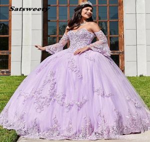 Lavendel kant kralen baljurk quinceanera jurken lieverd nek tule appliqued prom jurken met wrap sweep trein sweety 156622828