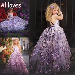 Fabulous Lavender Kant Floral Meisjes Pageant Jurken 3D Applicaties Peuter Baljurk Bloem Meisje Jurken Voor Bruiloft Vloer Lengte Eerste Communie Jurken Al6663