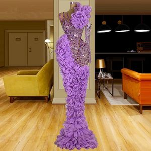 Lavande Layered Ruffles Robes De Bal Une Épaule Perlée Robe De Soirée Sur Mesure Sirène Tulle Dentelle Femmes Formelle Robe De Fête De Célébrité