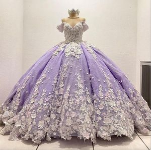 Lavendel lila 3D Bloemen Applique Quinceanera Jurken lace-up corset prom prinses Sweet 16 Prinses Jurk vestidos de 15 anos