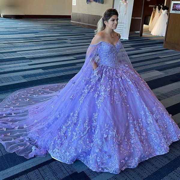 Vestidos de quinceañera de mariposa Lila lavanda con capa larga, apliques florales con cordones, corsé en la espalda, vestido para 15 años, 2022