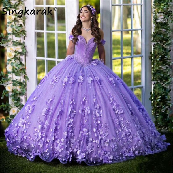 Lavande lilas princesse sweet 16 quinceanera robes 2024 3d fleurs appliques perles perles cristaux vestiaire vestiaire de 15 anos