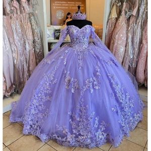 Lavanda Lila vestidos de quinceañera manga larga 3D flores apliques con cordones baile de graduación dulce 16 vestidos de princesa vestidos de 15 anos