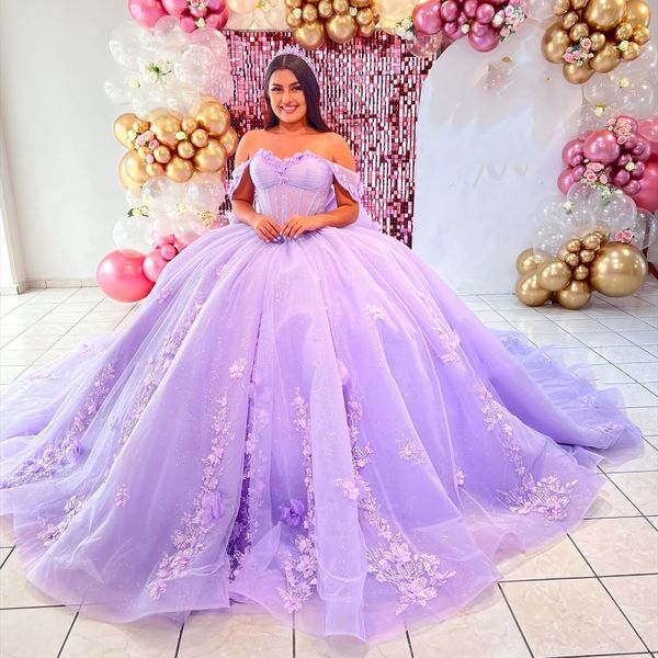 Vestido de quinceanera lilas de lavanda con apliques de encaje de arco lentejuelas de lentejuelas mexicanas dulces 16 vestidos de xv 15 anos cumpleaños