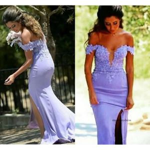 Lavendel Off Shoulder Long Bridesmeisje voor Appliques Bovenkant Split Mermaid Formele feestjurken Custom Made Evening Jurk Z79 0510